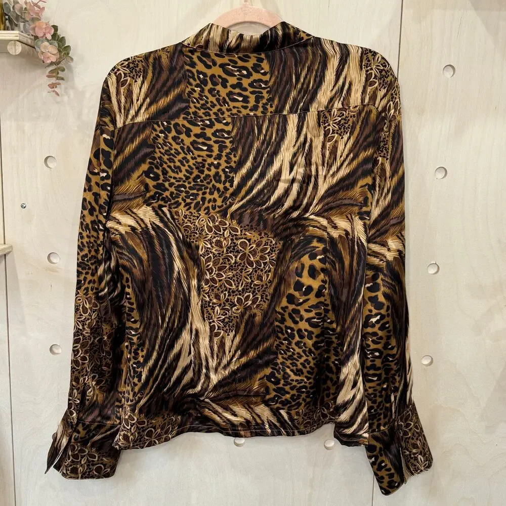 TRIBAL Jungle Cats Animal Print Blouse Size 12 100% Silk Brown Tan Black - Picture 4 of 11